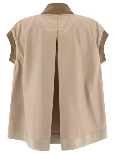 Sacai Twill Nylon Vest Jacket With Short Sleeves In Brown