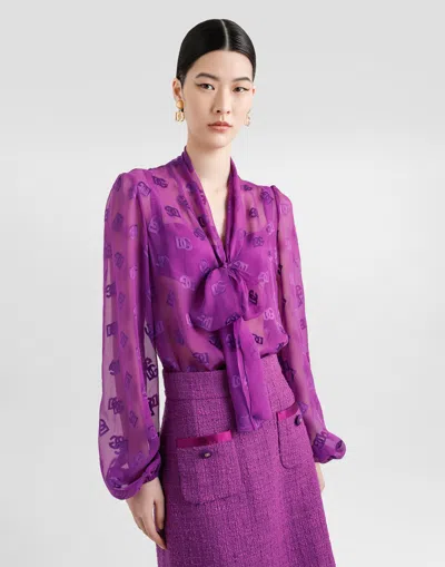 Dolce & Gabbana Chiffon Jacquard Shirt With Dg All-over Logo In Purple