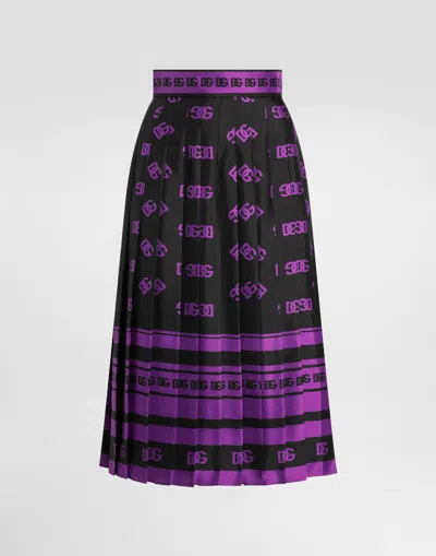 Dolce & Gabbana Dg Logo-print Long Pleated Silk Skirt In Black