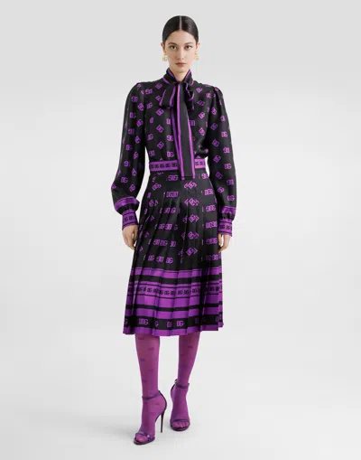 Dolce & Gabbana Dg Logo-print Long Pleated Silk Skirt In Black