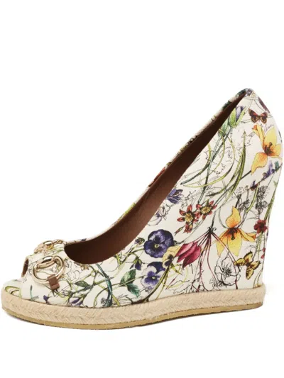Pre-owned Gucci 110mm Floral-print Horsebit Espadrilles In Neutral