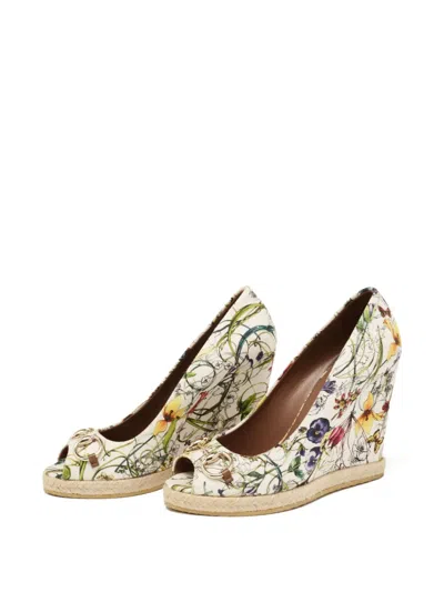 Pre-owned Gucci 110mm Floral-print Horsebit Espadrilles In Neutral