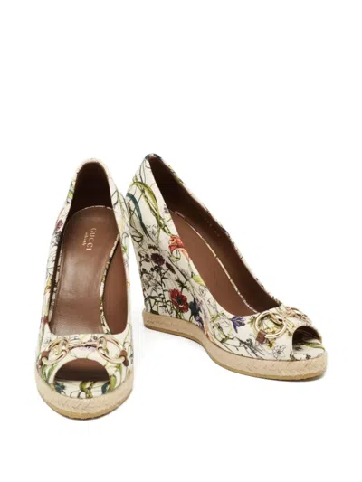 Pre-owned Gucci 110mm Floral-print Horsebit Espadrilles In Neutral