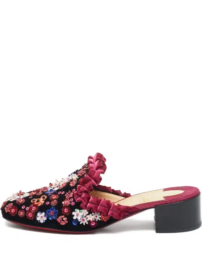 Pre-owned Christian Louboutin 2024 40mm Embellished Velvet Mules In Black
