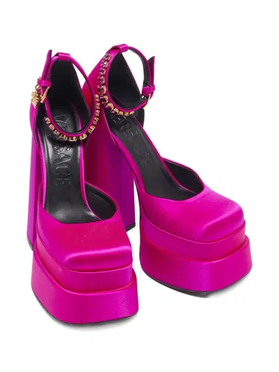 Pre-owned Versace 160mm Aevitas Platform Crystal Ankle Strap Pumps In Pink