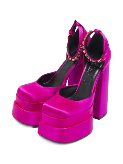 Pre-owned Versace 160mm Aevitas Platform Crystal Ankle Strap Pumps In Pink
