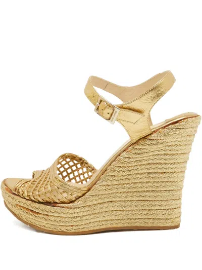 Pre-owned Jimmy Choo 2024 125mm Lattice Wedges Sandals In Yellow