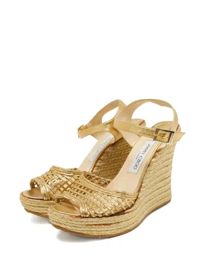 Pre-owned Jimmy Choo 2024 125mm Lattice Wedges Sandals In Yellow