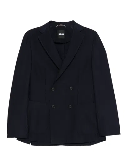 Hugo Boss Double-breasted Blazer In Cotton And Wool Seersucker In Black