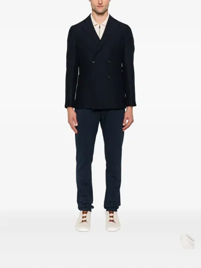 Hugo Boss Double-breasted Blazer In Cotton And Wool Seersucker In Black