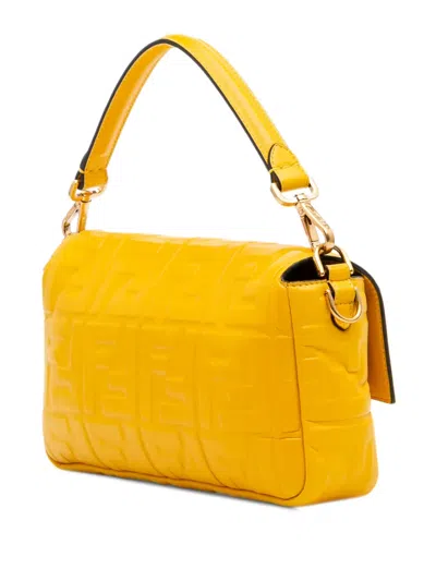 Pre-owned Fendi 2010-2025 Zucca Embossed Leather Baguette Satchel In Yellow