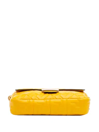Pre-owned Fendi 2010-2025 Zucca Embossed Leather Baguette Satchel In Yellow