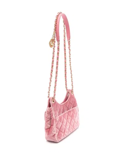 Pre-owned Chanel 2021-2025 Small Quilted Velvet Wavy Cc Hobo Crossbody Bag In Pink