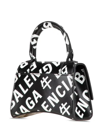 Pre-owned Balenciaga 2000-2025 Mini Smooth Calfskin Allover Logo Print Hourglass Top Handle Bag Satchel In Black