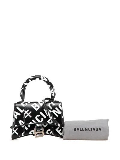 Pre-owned Balenciaga 2000-2025 Mini Smooth Calfskin Allover Logo Print Hourglass Top Handle Bag Satchel In Black
