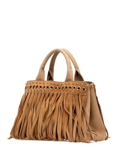 Pre-owned Prada 2010-2025 Canvas And Suede Fringed Canapa Handbag In Brown
