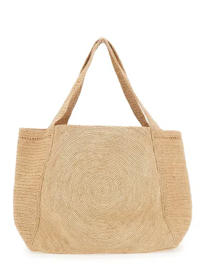 Stella Mccartney Beige Tote Bag With Two Top Handles And Logo Embroidery On The Front In Raffia Woman In Brown