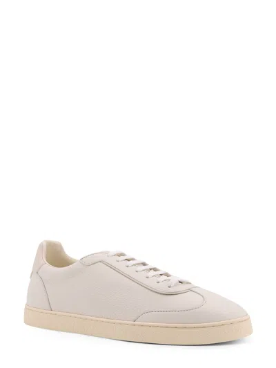 Brunello Cucinelli Smooth Leather Sneakers With Minimalist Design In Neutral