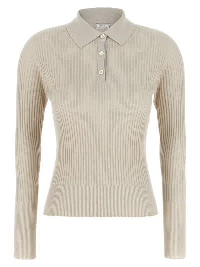 Peserico Collared Ribbed Polo Shirt With Long Sleeves In White