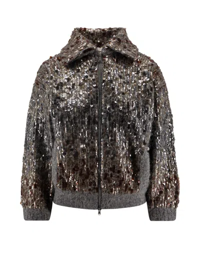 Brunello Cucinelli Mohair Cardigan With All-over Sequins In Gray