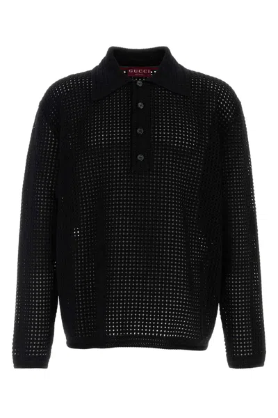 Gucci Black Crochet Polo Shirt In Black