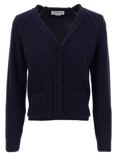 Victoria Beckham Navy Blue Stepped Hem Cardigan In Blue