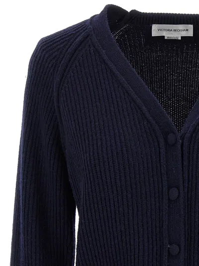 Victoria Beckham Navy Blue Stepped Hem Cardigan In Blue