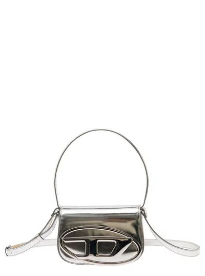 Diesel 1dr Silver-tone Shoulder Bag With Oval D Patch In Lamintaed Leather Woman In White