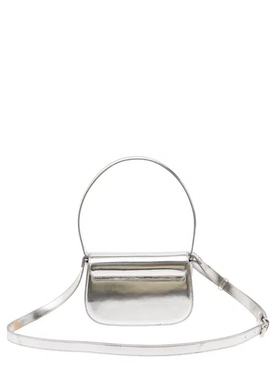 Diesel 1dr Silver-tone Shoulder Bag With Oval D Patch In Lamintaed Leather Woman In White