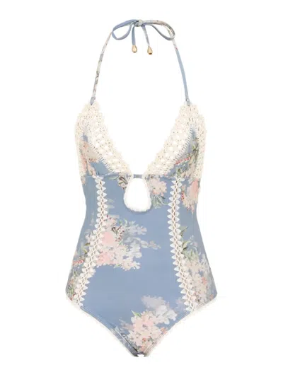 Zimmermann Cascadian Keyhole Crochet One Piece Tea Blue Botanical Floral