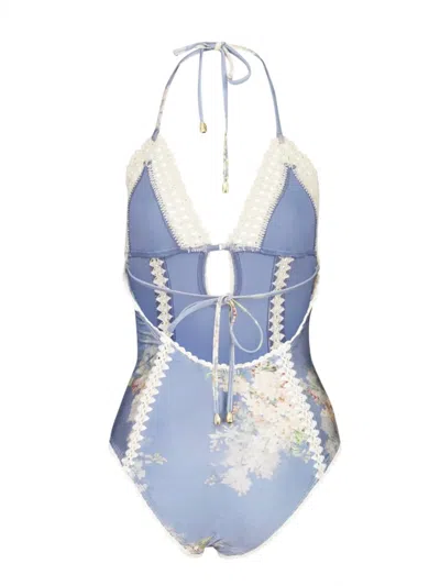 Zimmermann Cascadian Keyhole Crochet One Piece Tea Blue Botanical Floral