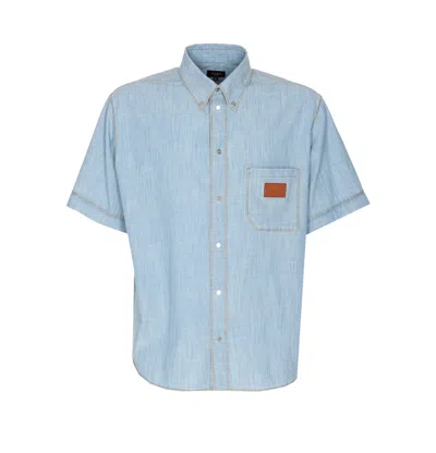 Fendi Collared Shirt With Pocket And Short Sleeves In Blue