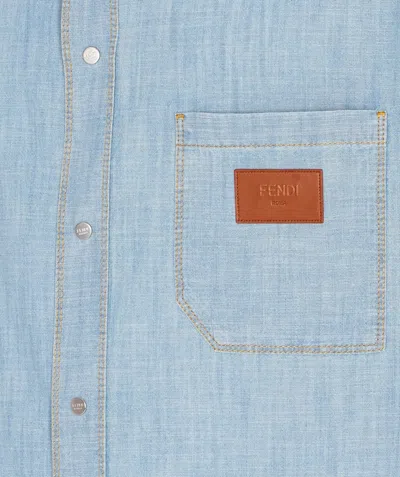 Fendi Collared Shirt With Pocket And Short Sleeves In Blue