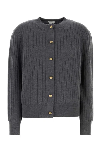 Bottega Veneta Grey Crewneck Cardigan With Knot Buttons Closure And Ribbed Knit In Wool Woman In Gray
