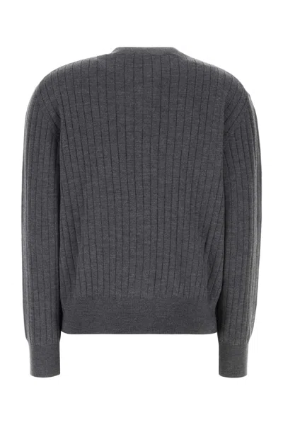 Bottega Veneta Grey Crewneck Cardigan With Knot Buttons Closure And Ribbed Knit In Wool Woman In Gray