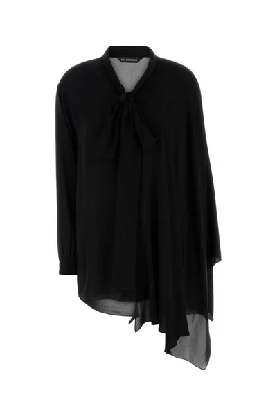 Balenciaga Black Blouse With Pussybow Collar And Asymmetric Design In Silk Woman In Black