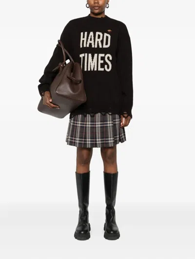 Burberry Leather-trimmed Pleated Checked Wool Mini Skirt In Black