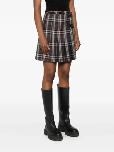 Burberry Leather-trimmed Pleated Checked Wool Mini Skirt In Black