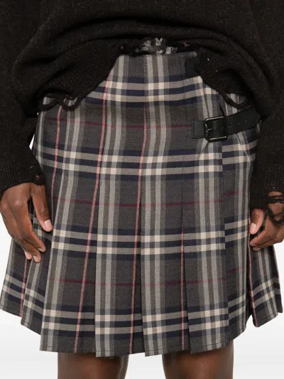 Burberry Leather-trimmed Pleated Checked Wool Mini Skirt In Black