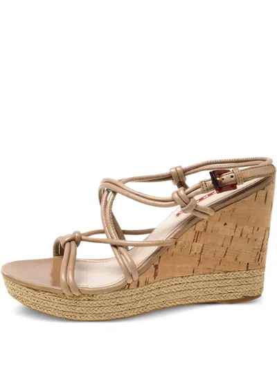 Pre-owned Prada 100mm Knotted-strap Wedge Sandals In Neutral
