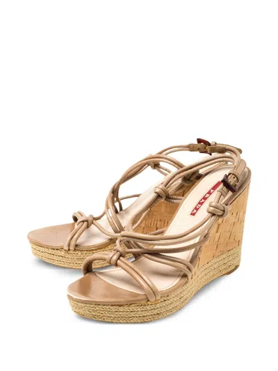 Pre-owned Prada 100mm Knotted-strap Wedge Sandals In Neutral
