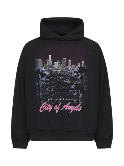 Balenciaga Hooded Graphic Print Sweater With Ribbed Cuffs