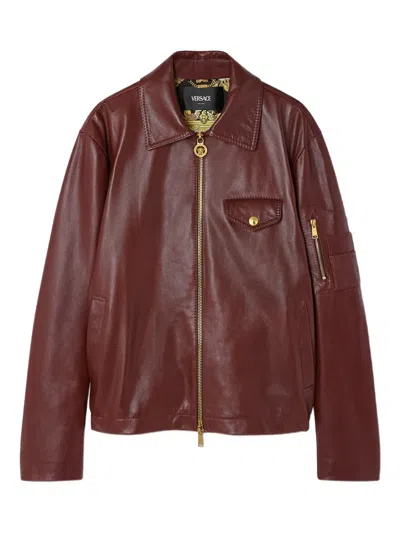 Versace Biker-style Leather Jacket In Brown