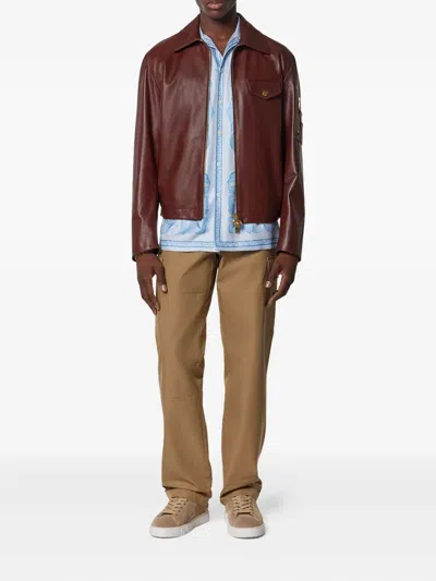 Versace Biker-style Leather Jacket In Brown