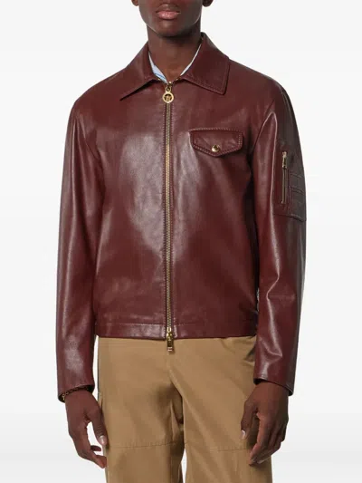 Versace Biker-style Leather Jacket In Brown