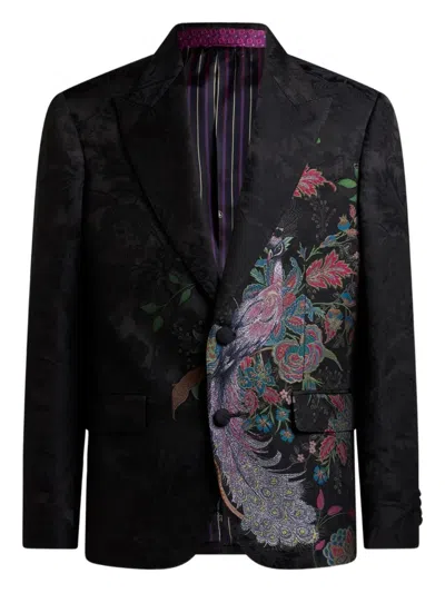 Etro Peacock-jacquard Single-breasted Blazer In Black