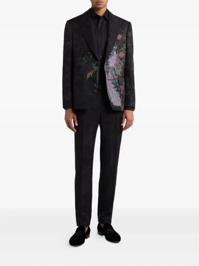 Etro Peacock-jacquard Single-breasted Blazer In Black