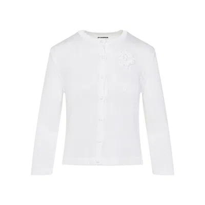Jil Sander Button-up White Viscose Sweater With Floral Embellishment In White