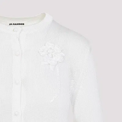 Jil Sander Button-up White Viscose Sweater With Floral Embellishment In White