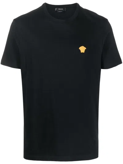 Versace Medusa Embroidered Black Cotton Jersey T-shirt In Black